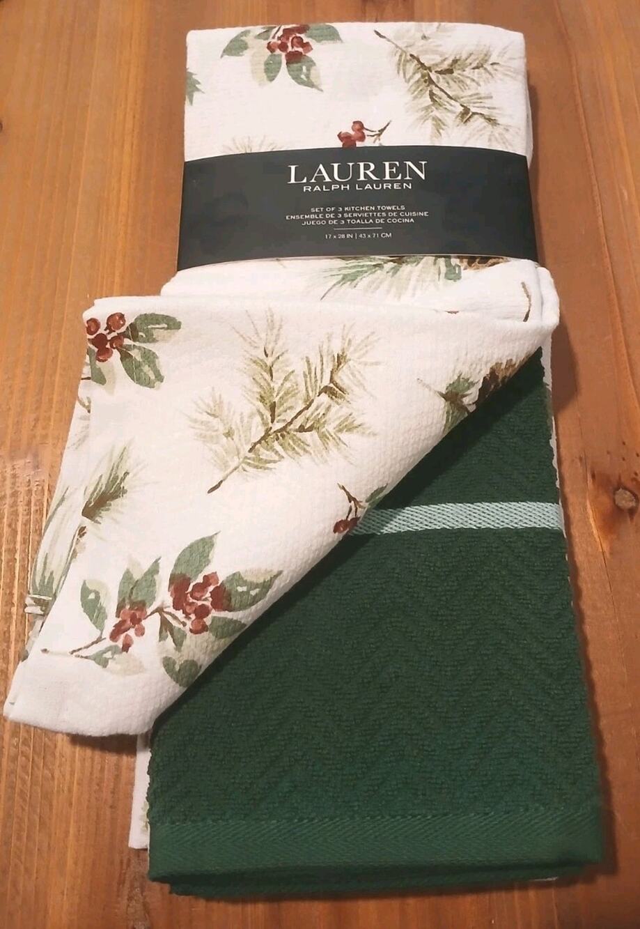3-Pack Ralph Lauren Home Cotton Kitchen Towels Pinecones/Holly Multi 17x28 in